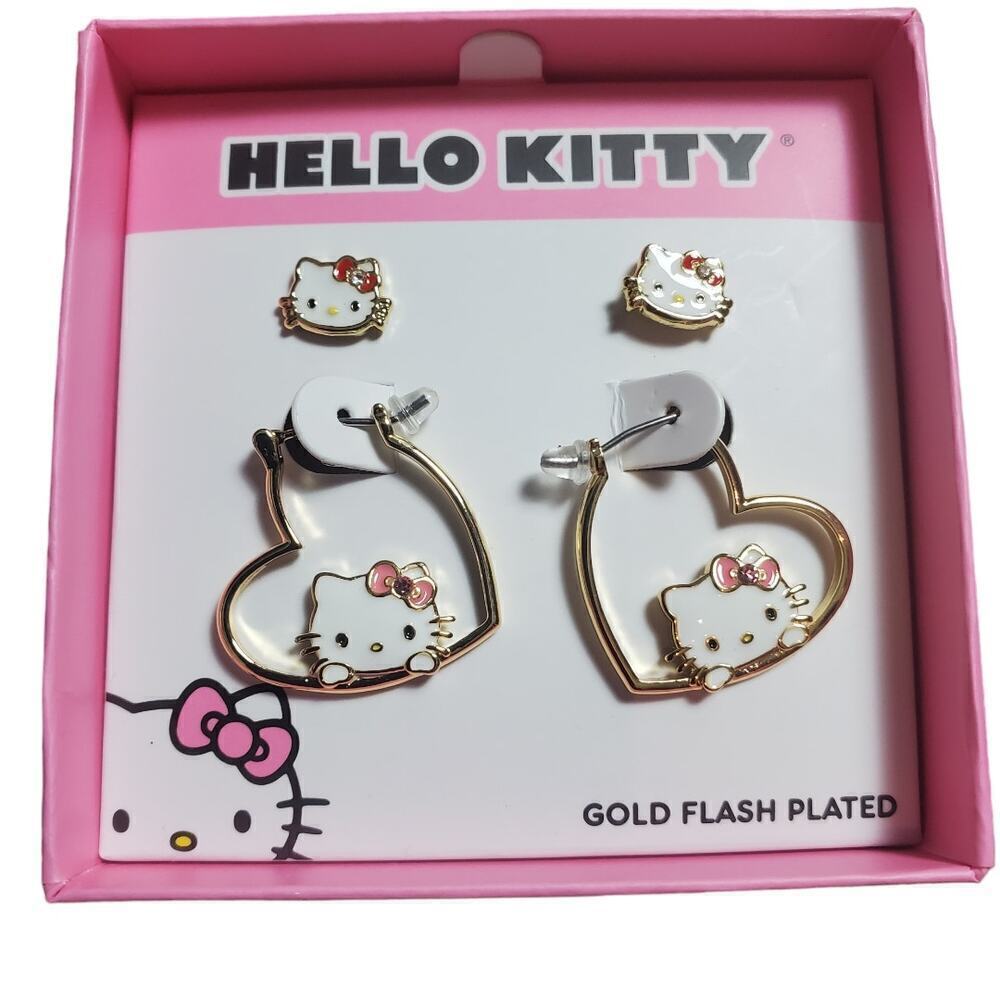 Hello Kitty by Sanrio Women Gold Flash Plated 2 Set of Earrings Stud and Dangle